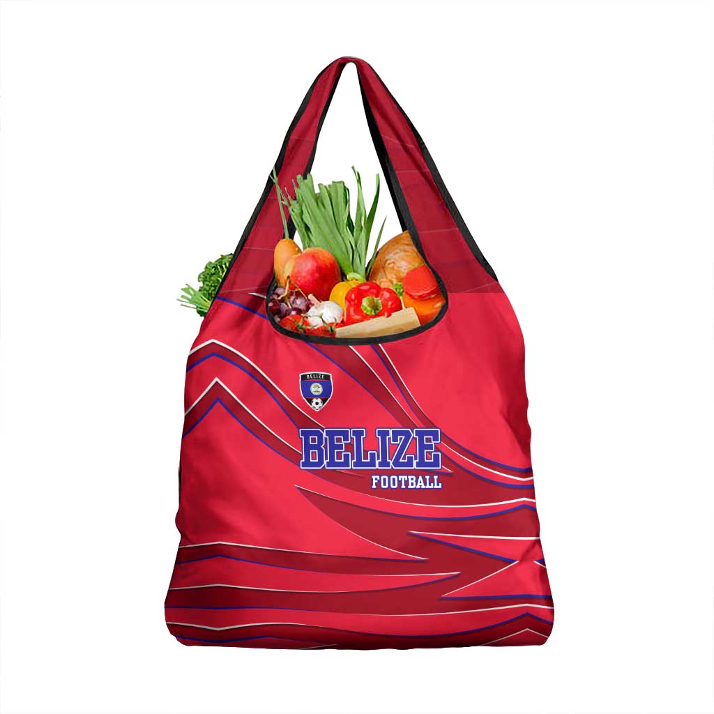 Belize Football Grocery Bag with Red Abstract Soccer Pattern and Shield Emblem