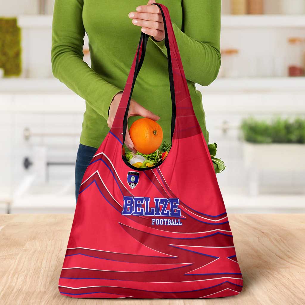Belize Football Grocery Bag with Red Abstract Soccer Pattern and Shield Emblem