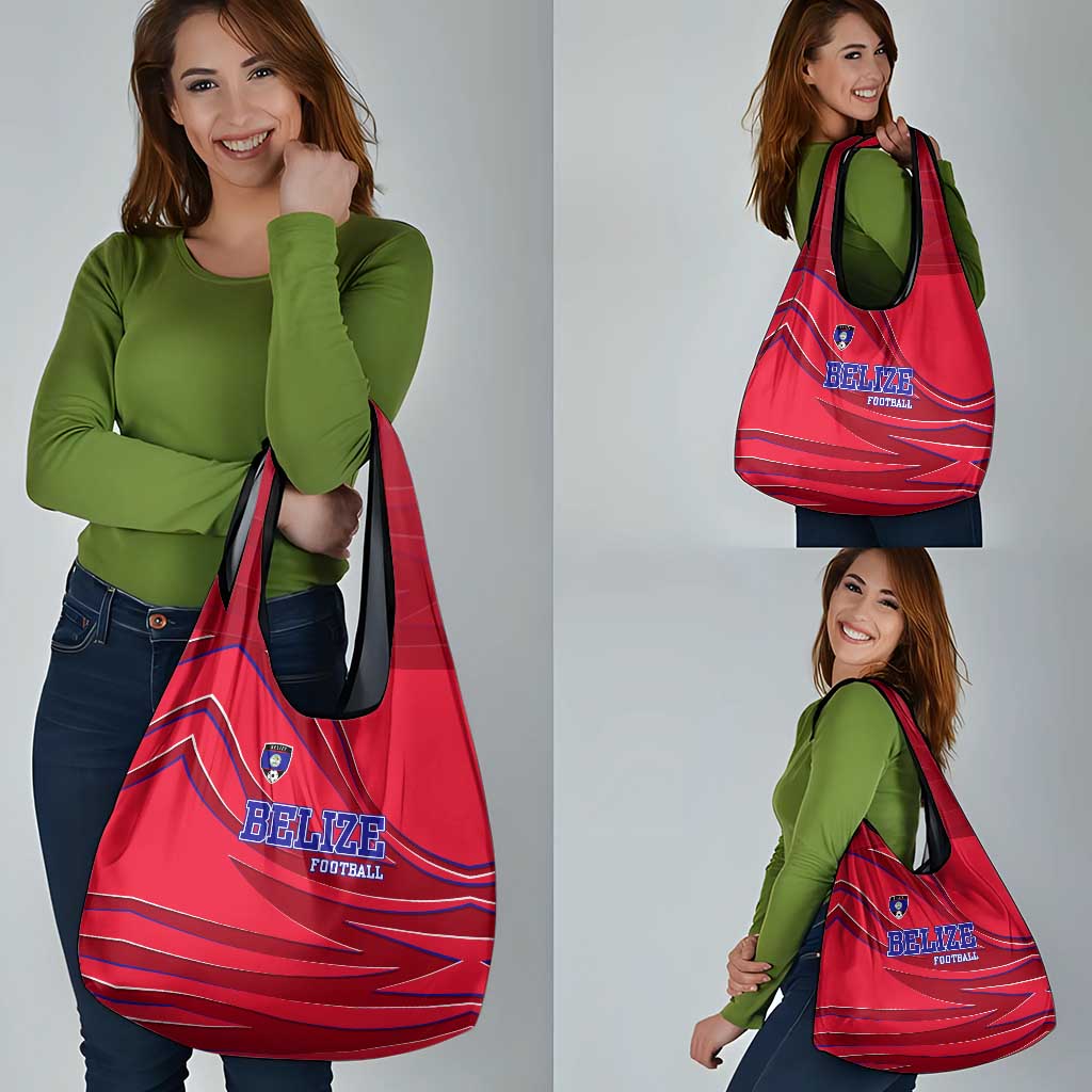 Belize Football Grocery Bag with Red Abstract Soccer Pattern and Shield Emblem