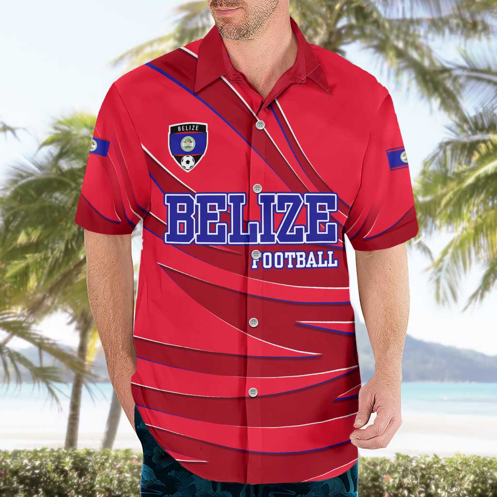 Belize Football Hawaiian Shirt with Red Abstract Soccer Pattern and Shield Emblem