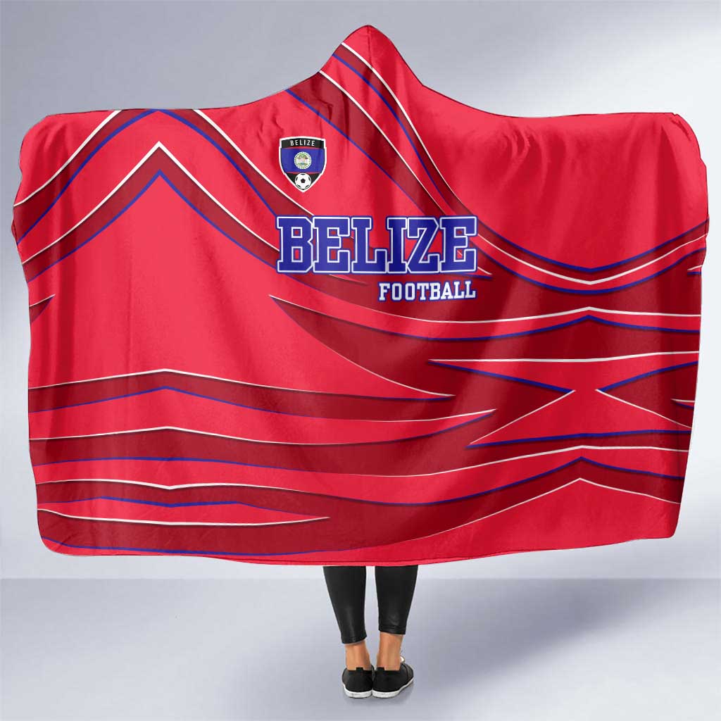 Belize Football Hooded Blanket with Red Abstract Soccer Pattern and Shield Emblem