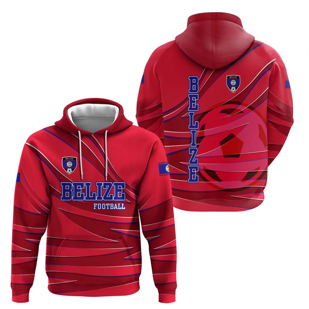 Belize Football Hoodie with Red Abstract Soccer Pattern and Shield Emblem