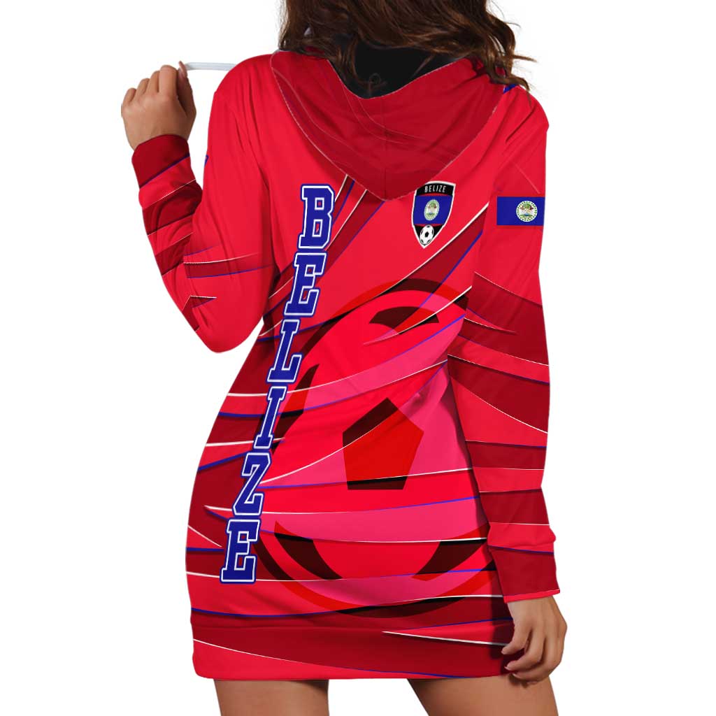 Belize Football Hoodie Dress with Red Abstract Soccer Pattern and Shield Emblem