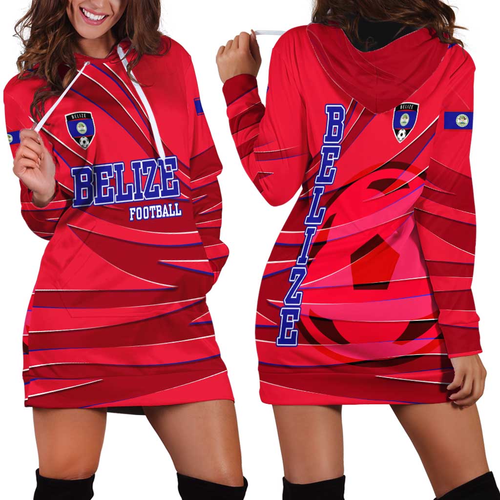 Belize Football Hoodie Dress with Red Abstract Soccer Pattern and Shield Emblem