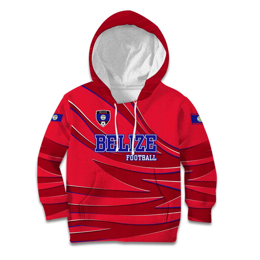 Belize Football Kid Hoodie with Red Abstract Soccer Pattern and Shield Emblem