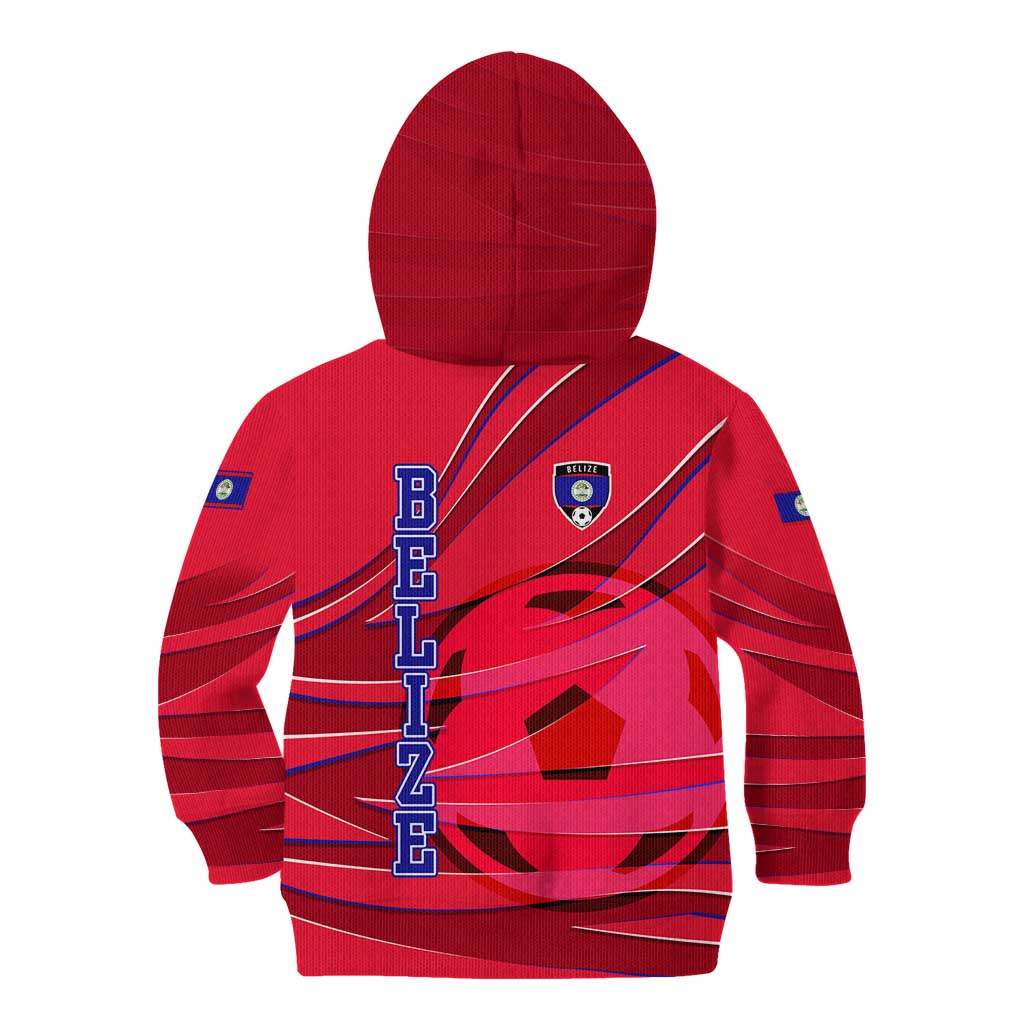 Belize Football Kid Hoodie with Red Abstract Soccer Pattern and Shield Emblem