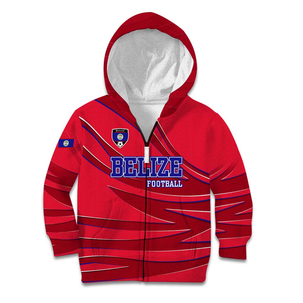 Belize Football Kid Hoodie with Red Abstract Soccer Pattern and Shield Emblem
