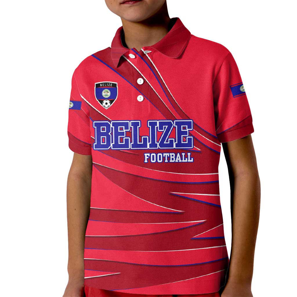 Belize Football Kid Polo Shirt with Red Abstract Soccer Pattern and Shield Emblem