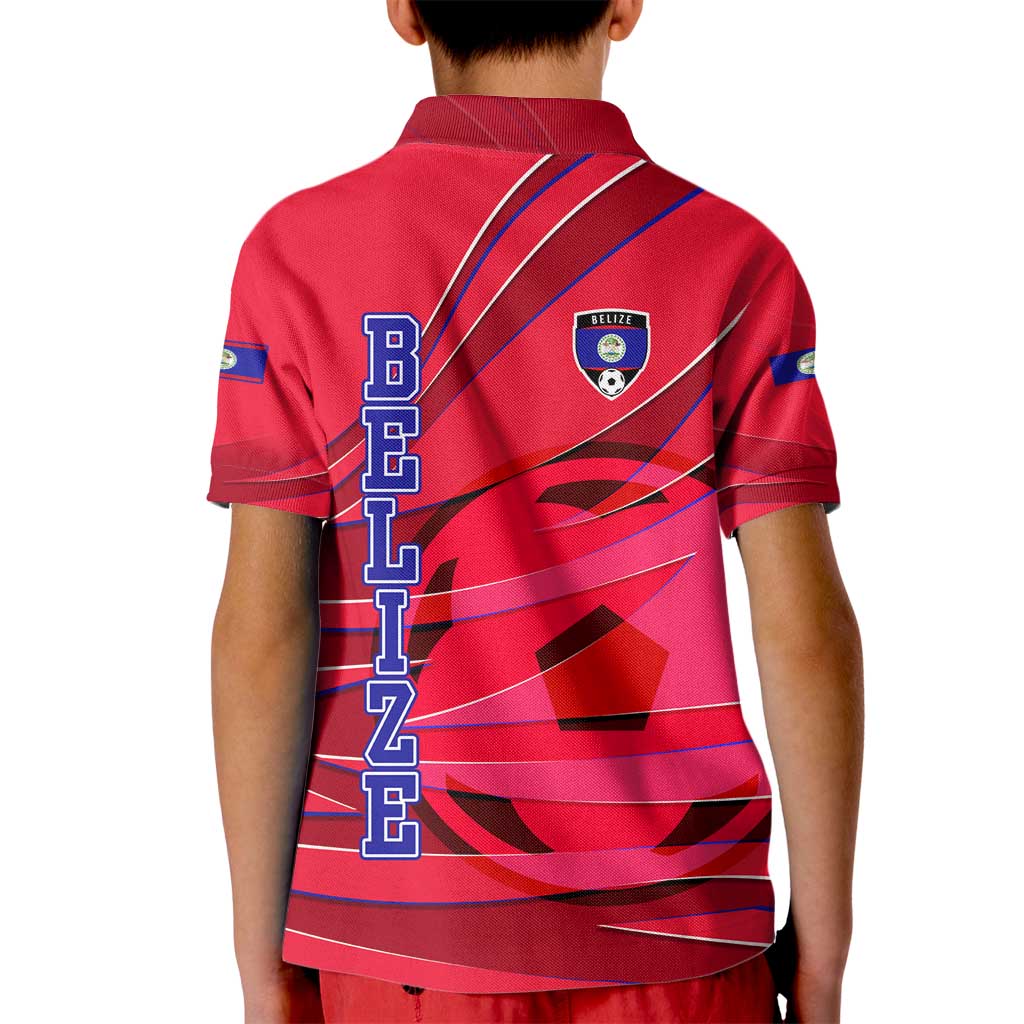 Belize Football Kid Polo Shirt with Red Abstract Soccer Pattern and Shield Emblem