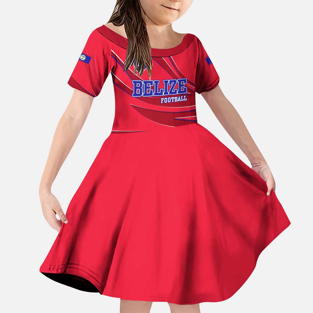 Belize Football Kid Short Sleeve Dress with Red Abstract Soccer Pattern and Shield Emblem