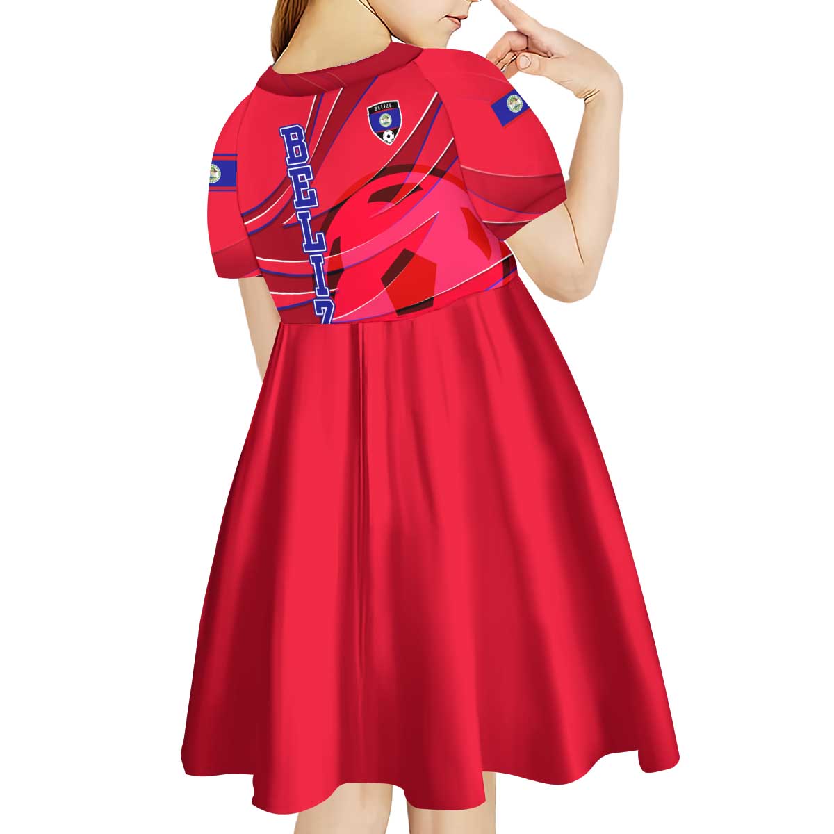 Belize Football Kid Short Sleeve Dress with Red Abstract Soccer Pattern and Shield Emblem