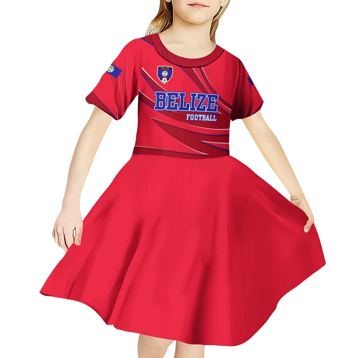 Belize Football Kid Short Sleeve Dress with Red Abstract Soccer Pattern and Shield Emblem