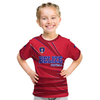 Belize Football Kid T Shirt with Red Abstract Soccer Pattern and Shield Emblem