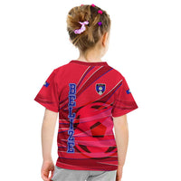Belize Football Kid T Shirt with Red Abstract Soccer Pattern and Shield Emblem