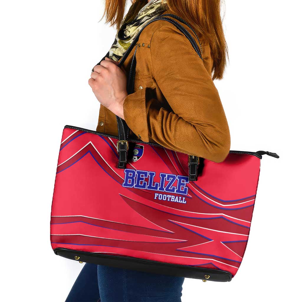 Belize Football Leather Tote Bag with Red Abstract Soccer Pattern and Shield Emblem
