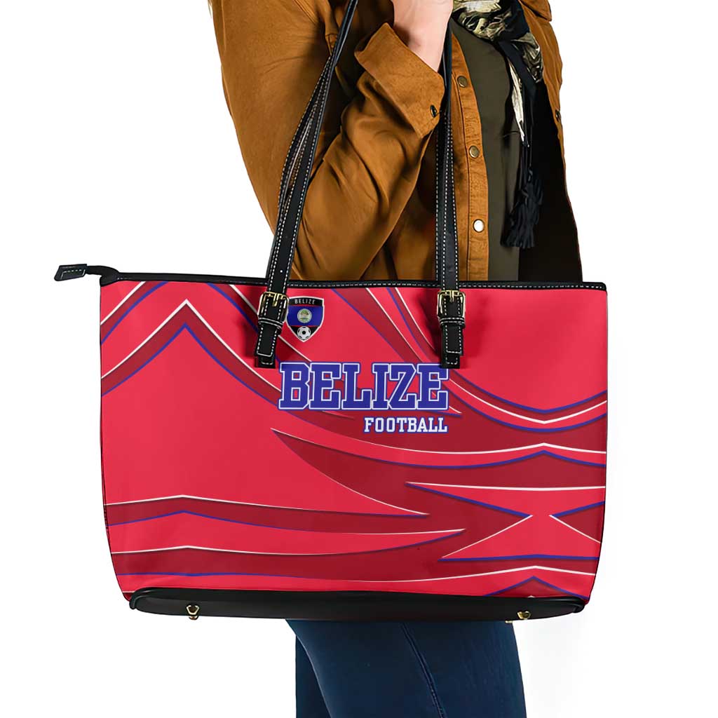 Belize Football Leather Tote Bag with Red Abstract Soccer Pattern and Shield Emblem