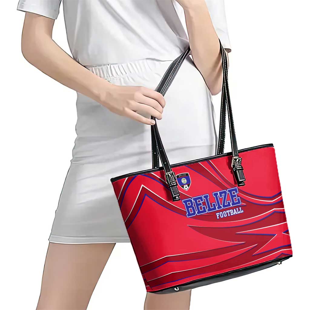 Belize Football Leather Tote Bag with Red Abstract Soccer Pattern and Shield Emblem
