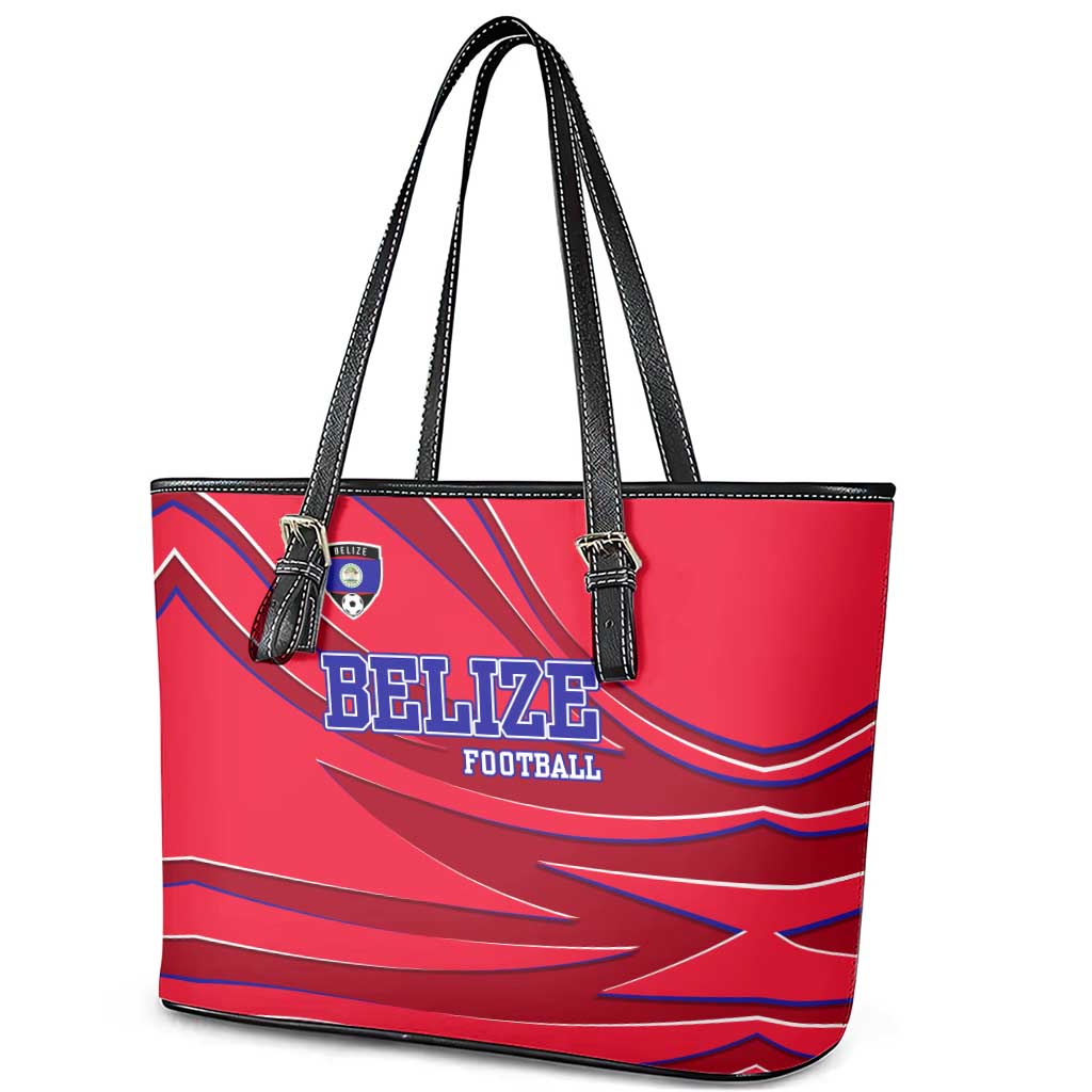 Belize Football Leather Tote Bag with Red Abstract Soccer Pattern and Shield Emblem