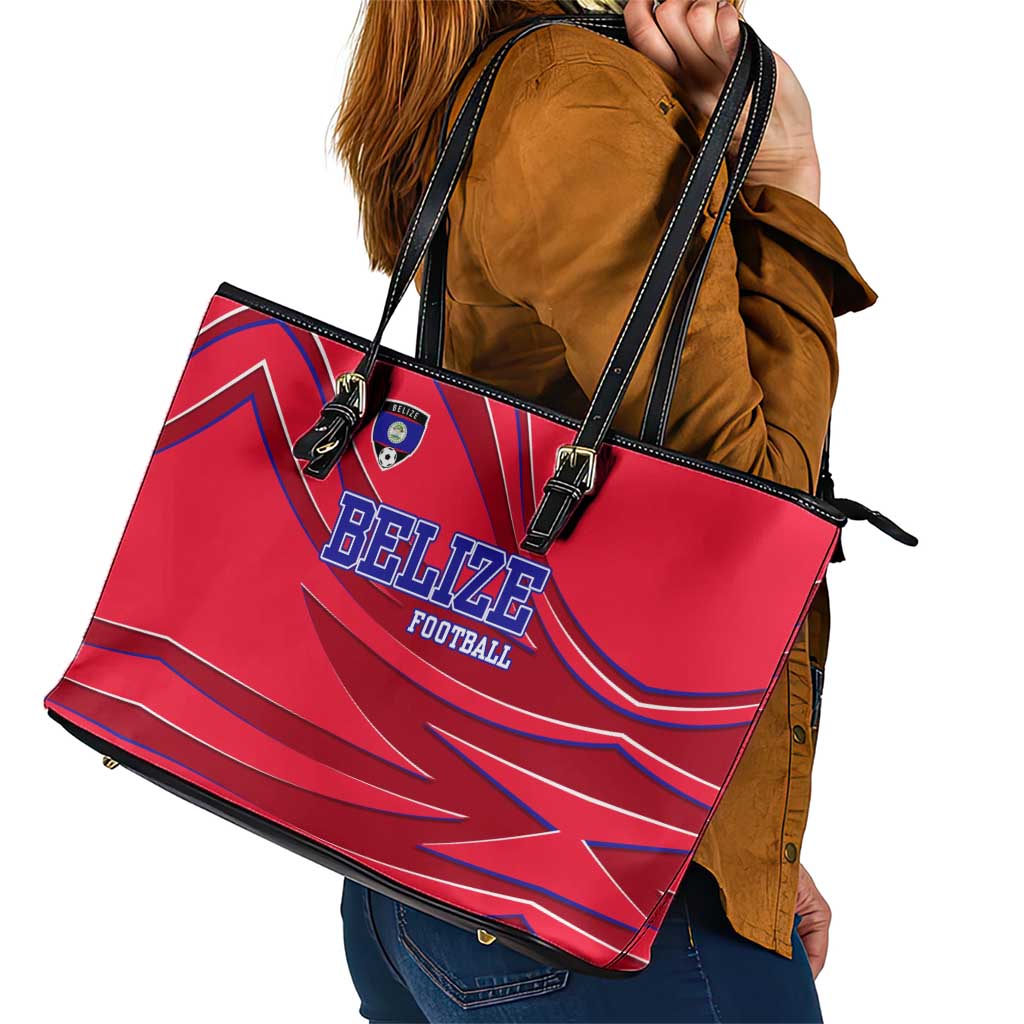 Belize Football Leather Tote Bag with Red Abstract Soccer Pattern and Shield Emblem