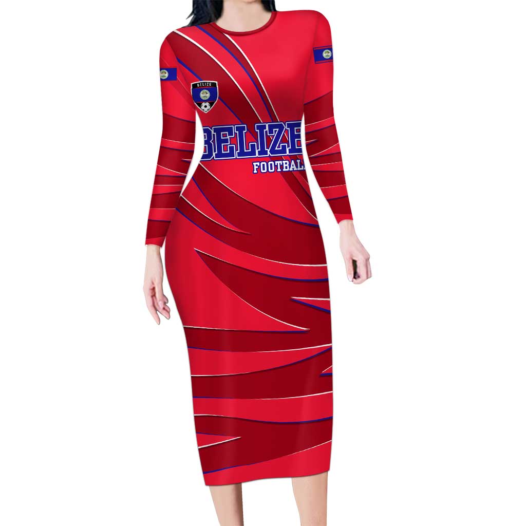 Belize Football Long Sleeve Bodycon Dress with Red Abstract Soccer Pattern and Shield Emblem