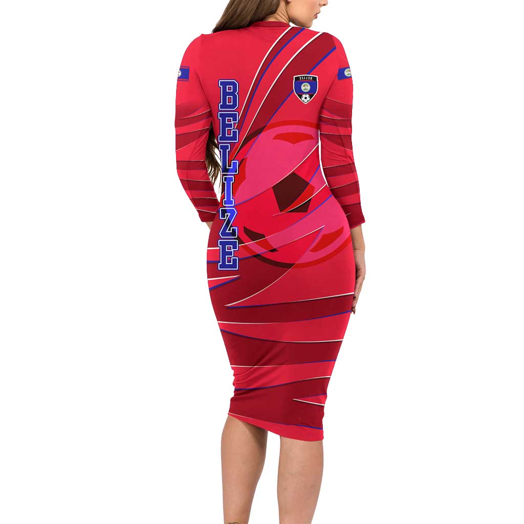Belize Football Long Sleeve Bodycon Dress with Red Abstract Soccer Pattern and Shield Emblem