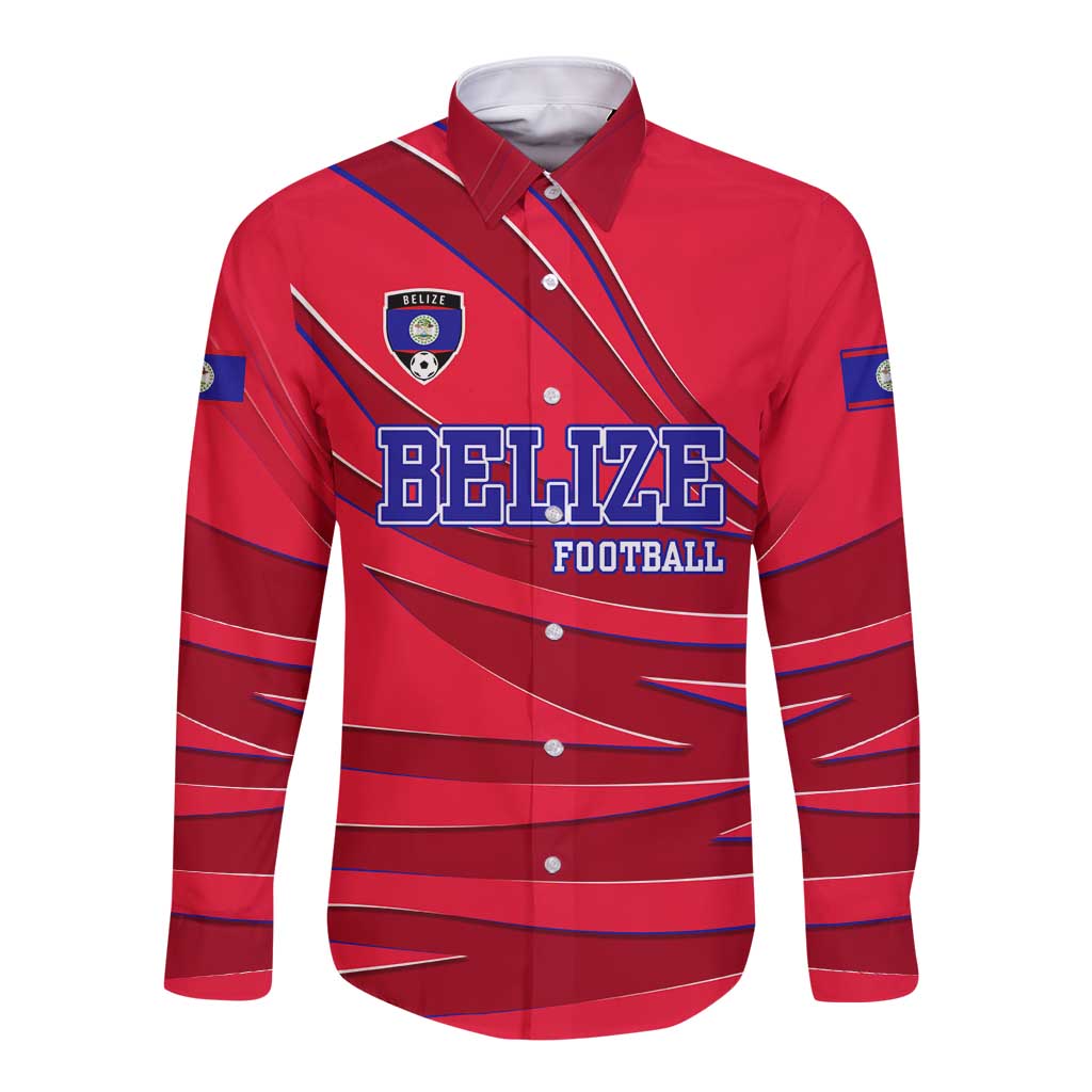 Belize Football Long Sleeve Button Shirt with Red Abstract Soccer Pattern and Shield Emblem