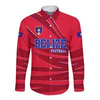 Belize Football Long Sleeve Button Shirt with Red Abstract Soccer Pattern and Shield Emblem
