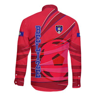 Belize Football Long Sleeve Button Shirt with Red Abstract Soccer Pattern and Shield Emblem