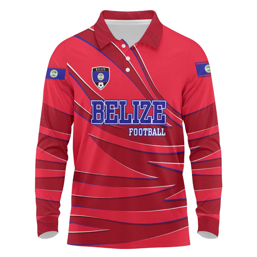 Belize Football Long Sleeve Polo Shirt with Red Abstract Soccer Pattern and Shield Emblem