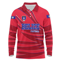 Belize Football Long Sleeve Polo Shirt with Red Abstract Soccer Pattern and Shield Emblem