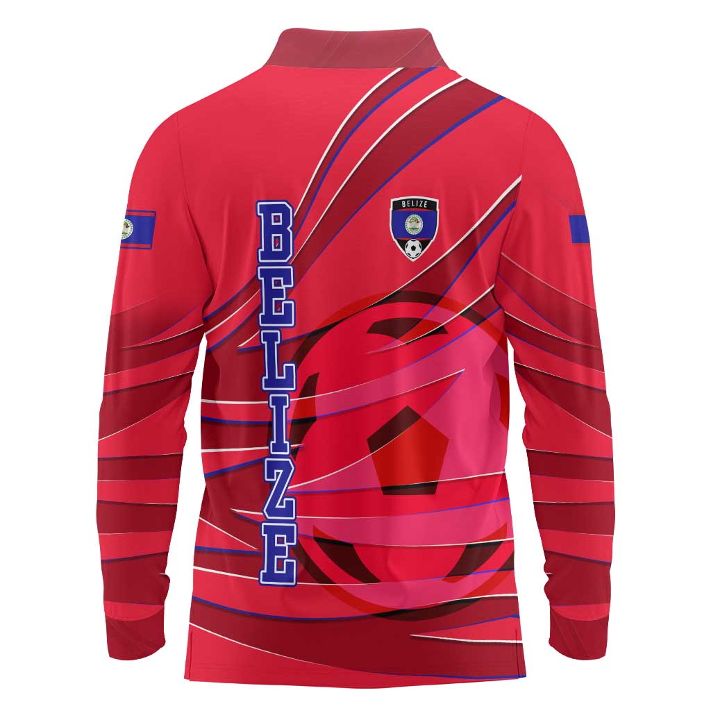 Belize Football Long Sleeve Polo Shirt with Red Abstract Soccer Pattern and Shield Emblem