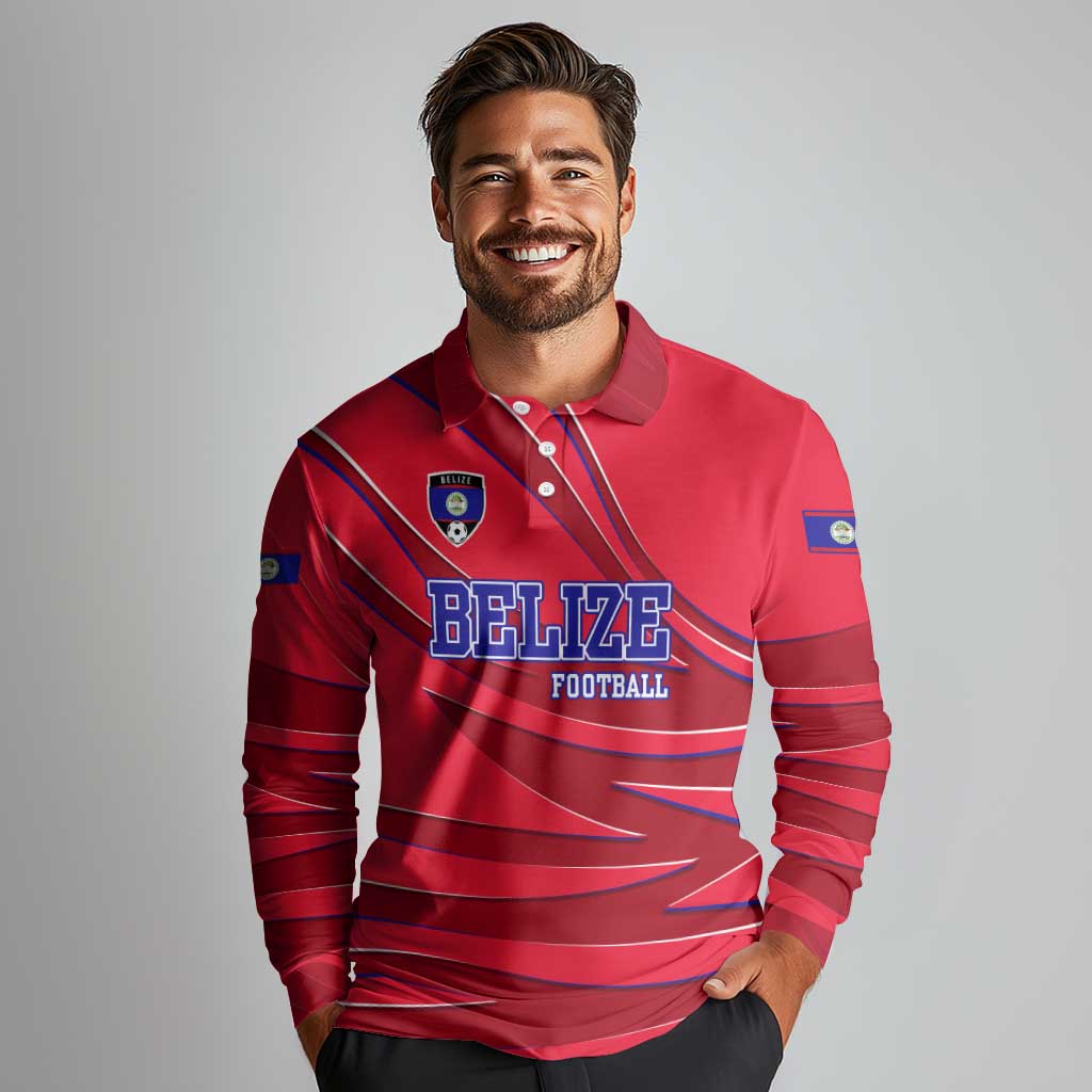 Belize Football Long Sleeve Polo Shirt with Red Abstract Soccer Pattern and Shield Emblem