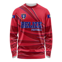 Belize Football Long Sleeve Shirt with Red Abstract Soccer Pattern and Shield Emblem
