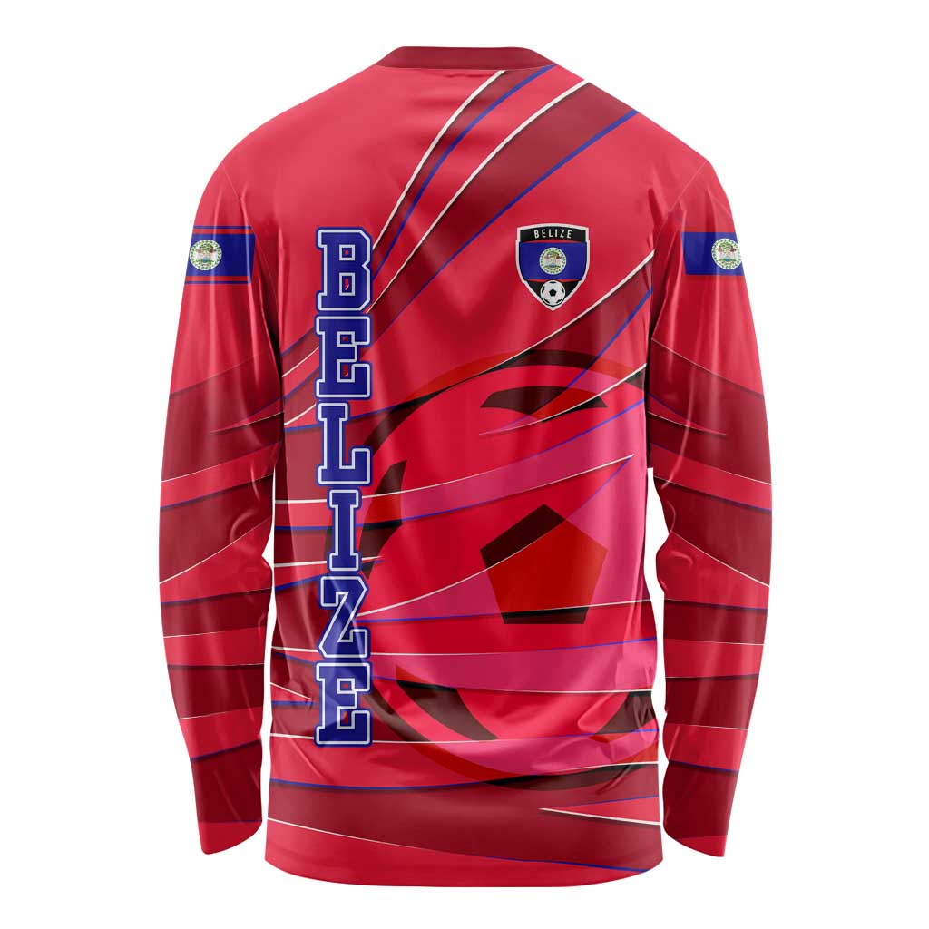 Belize Football Long Sleeve Shirt with Red Abstract Soccer Pattern and Shield Emblem