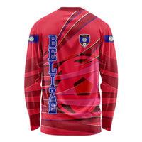 Belize Football Long Sleeve Shirt with Red Abstract Soccer Pattern and Shield Emblem