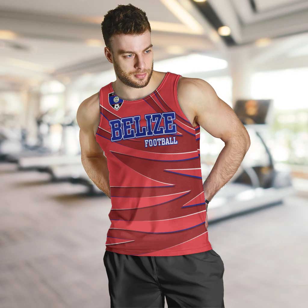 Belize Football Men Tank Top with Red Abstract Soccer Pattern and Shield Emblem