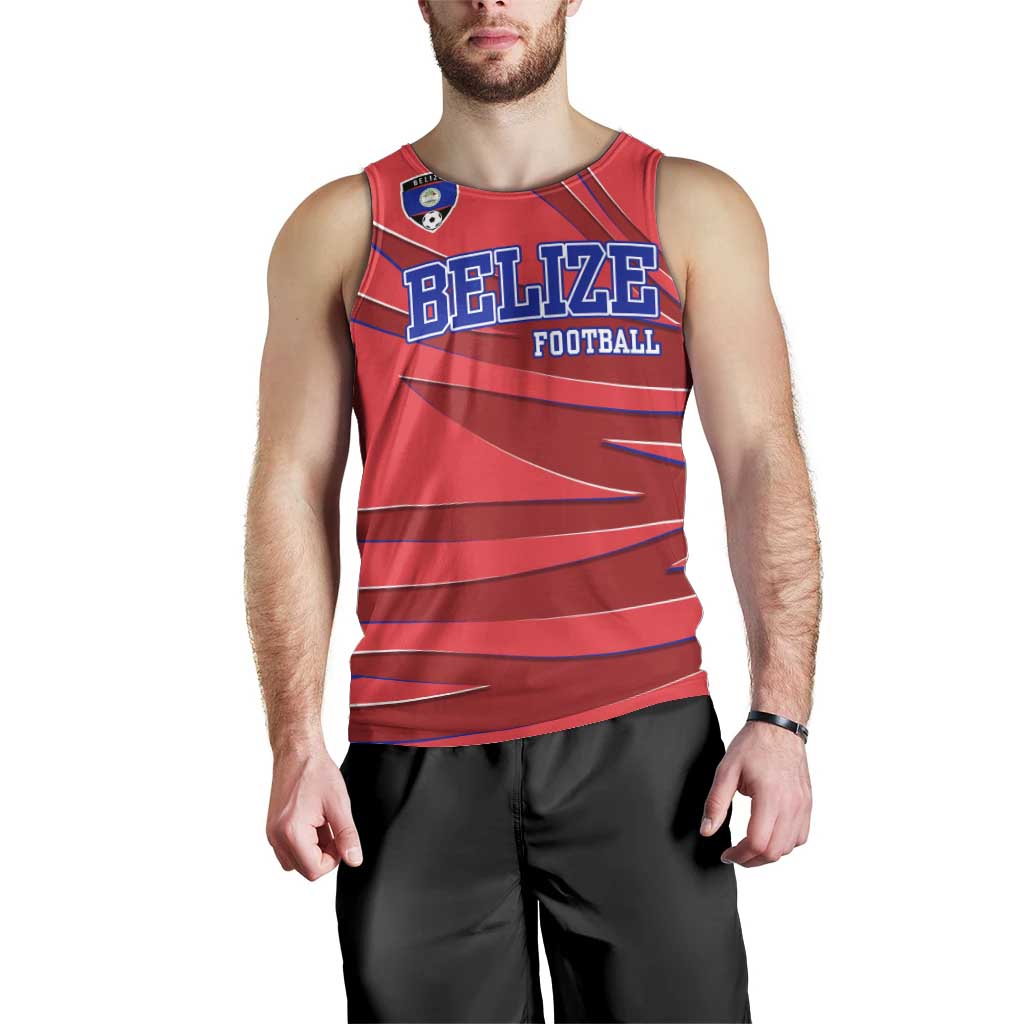 Belize Football Men Tank Top with Red Abstract Soccer Pattern and Shield Emblem