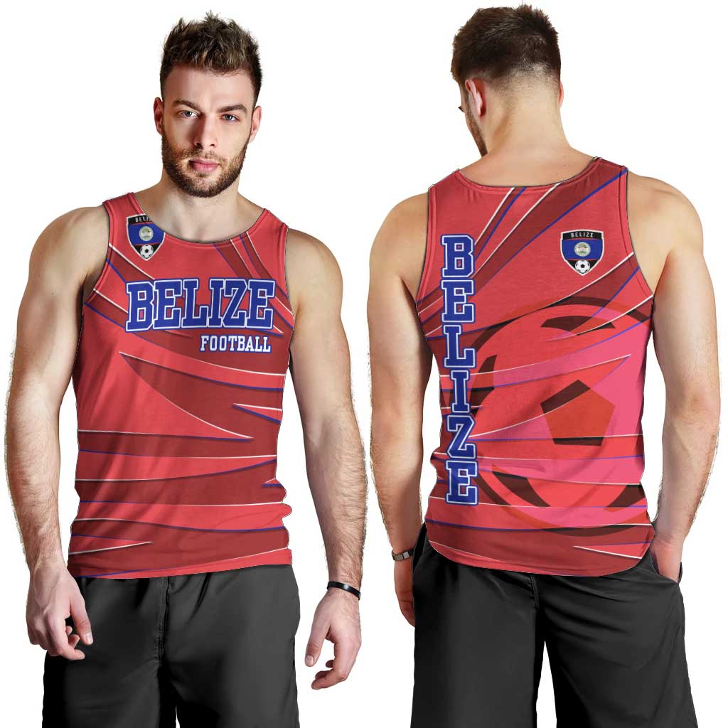 Belize Football Men Tank Top with Red Abstract Soccer Pattern and Shield Emblem