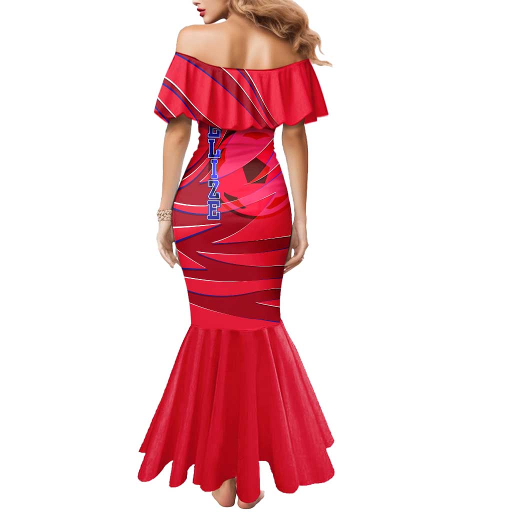 Belize Football Mermaid Dress with Red Abstract Soccer Pattern and Shield Emblem