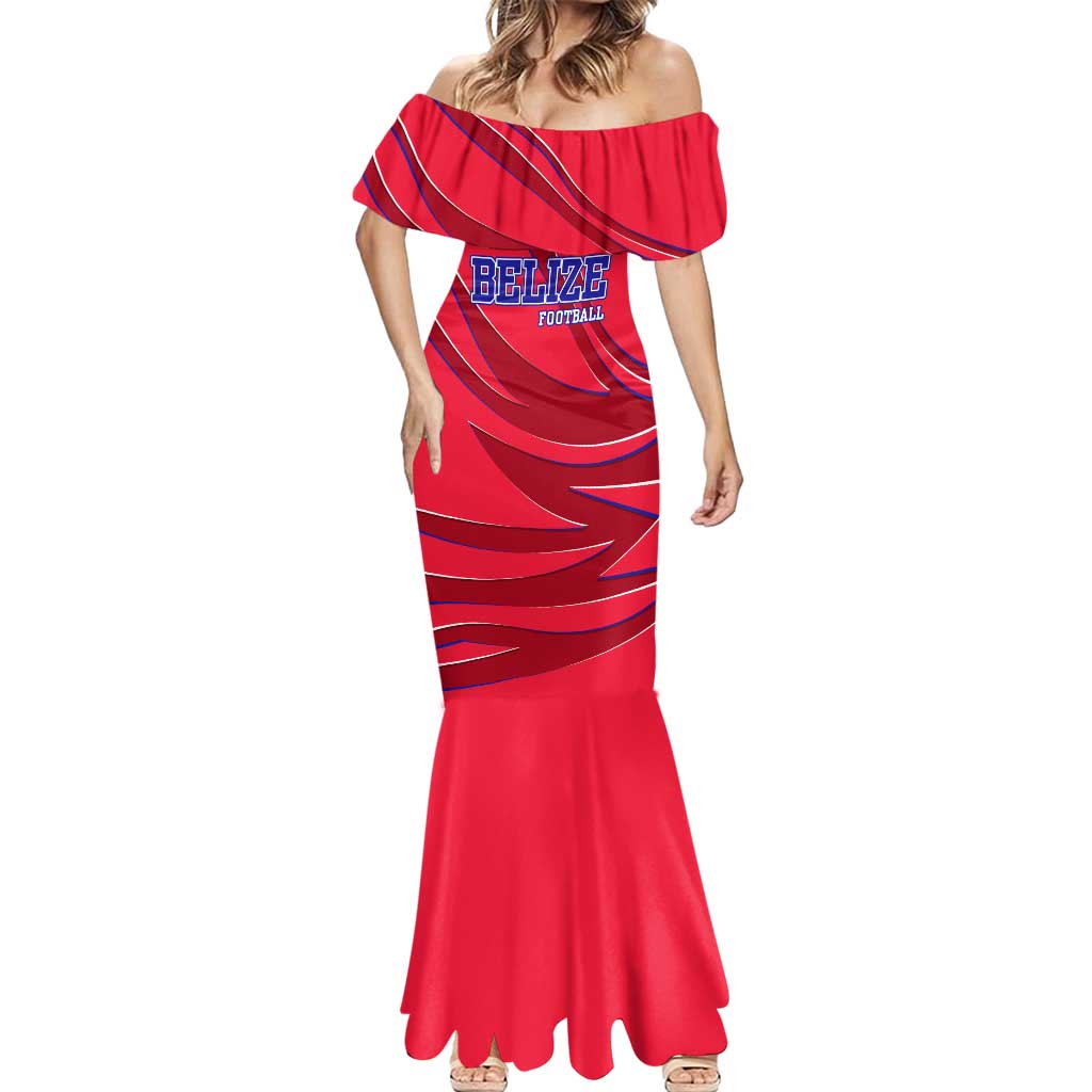 Belize Football Mermaid Dress with Red Abstract Soccer Pattern and Shield Emblem