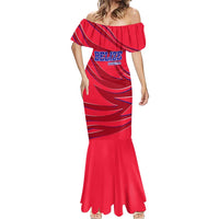 Belize Football Mermaid Dress with Red Abstract Soccer Pattern and Shield Emblem