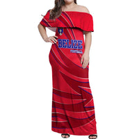 Belize Football Off Shoulder Maxi Dress with Red Abstract Soccer Pattern and Shield Emblem