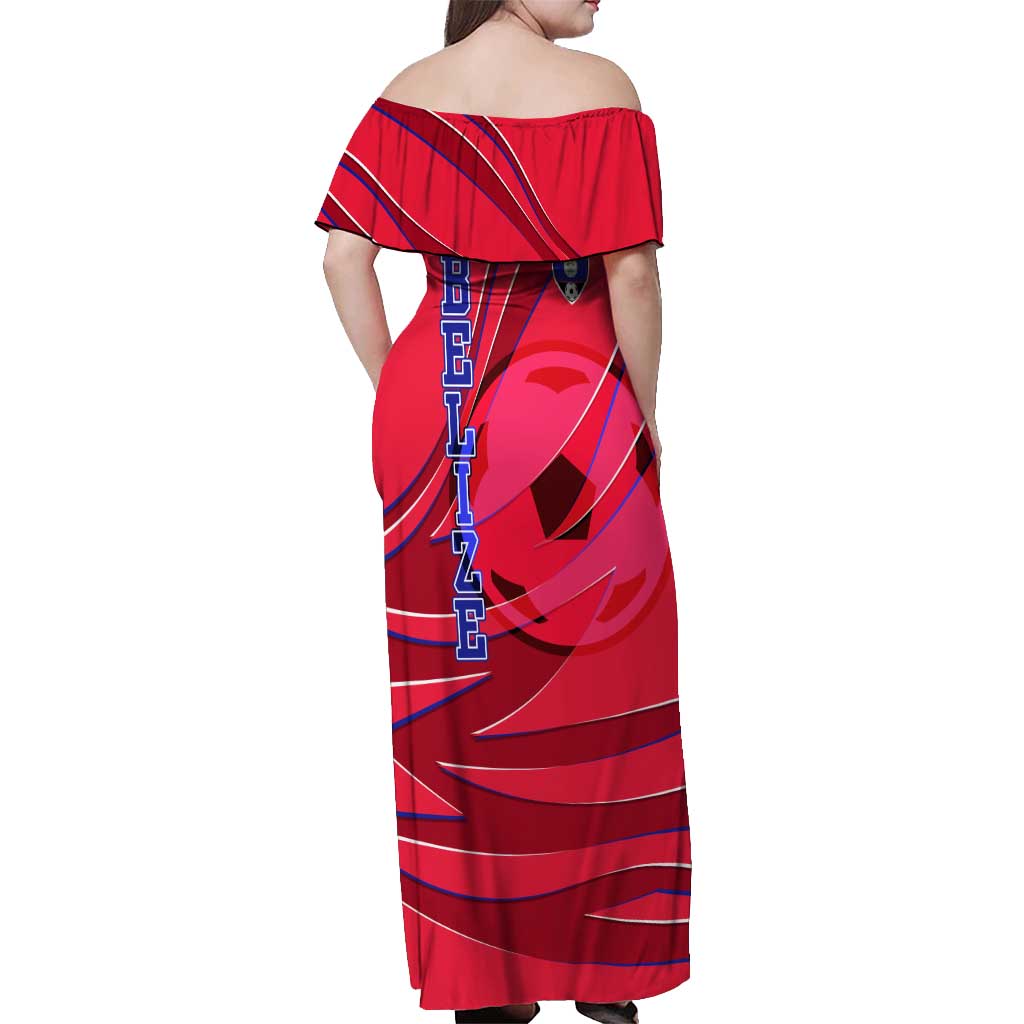 Belize Football Off Shoulder Maxi Dress with Red Abstract Soccer Pattern and Shield Emblem