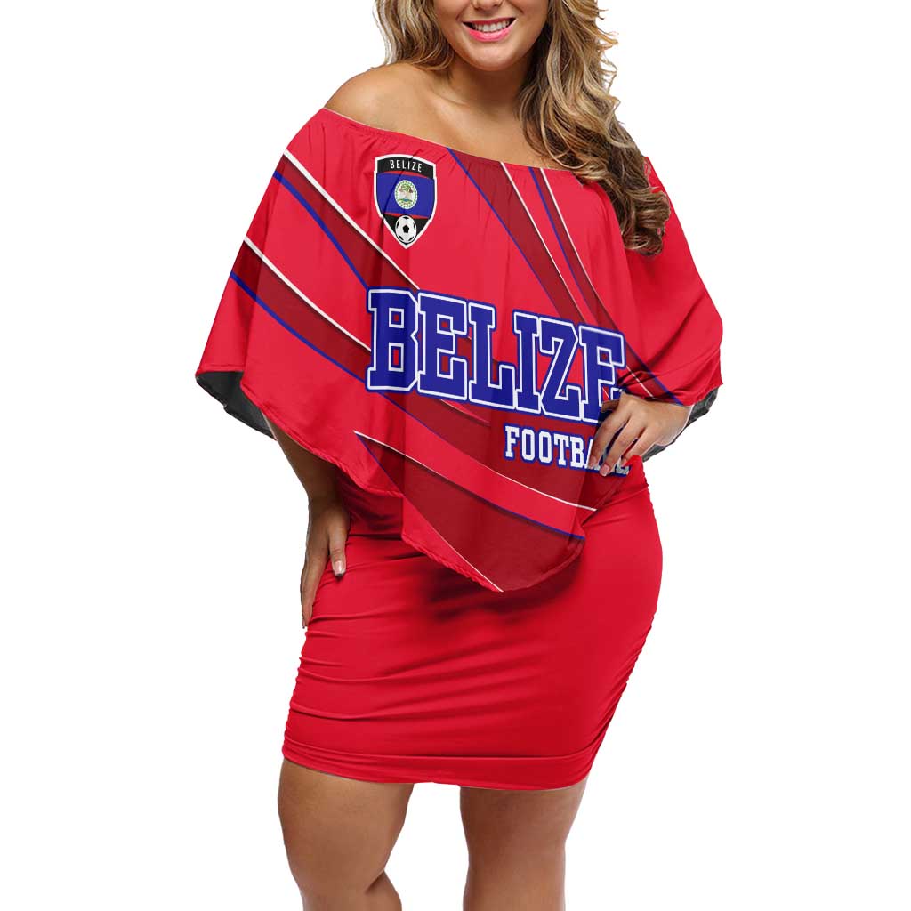 Belize Football Off Shoulder Short Dress with Red Abstract Soccer Pattern and Shield Emblem