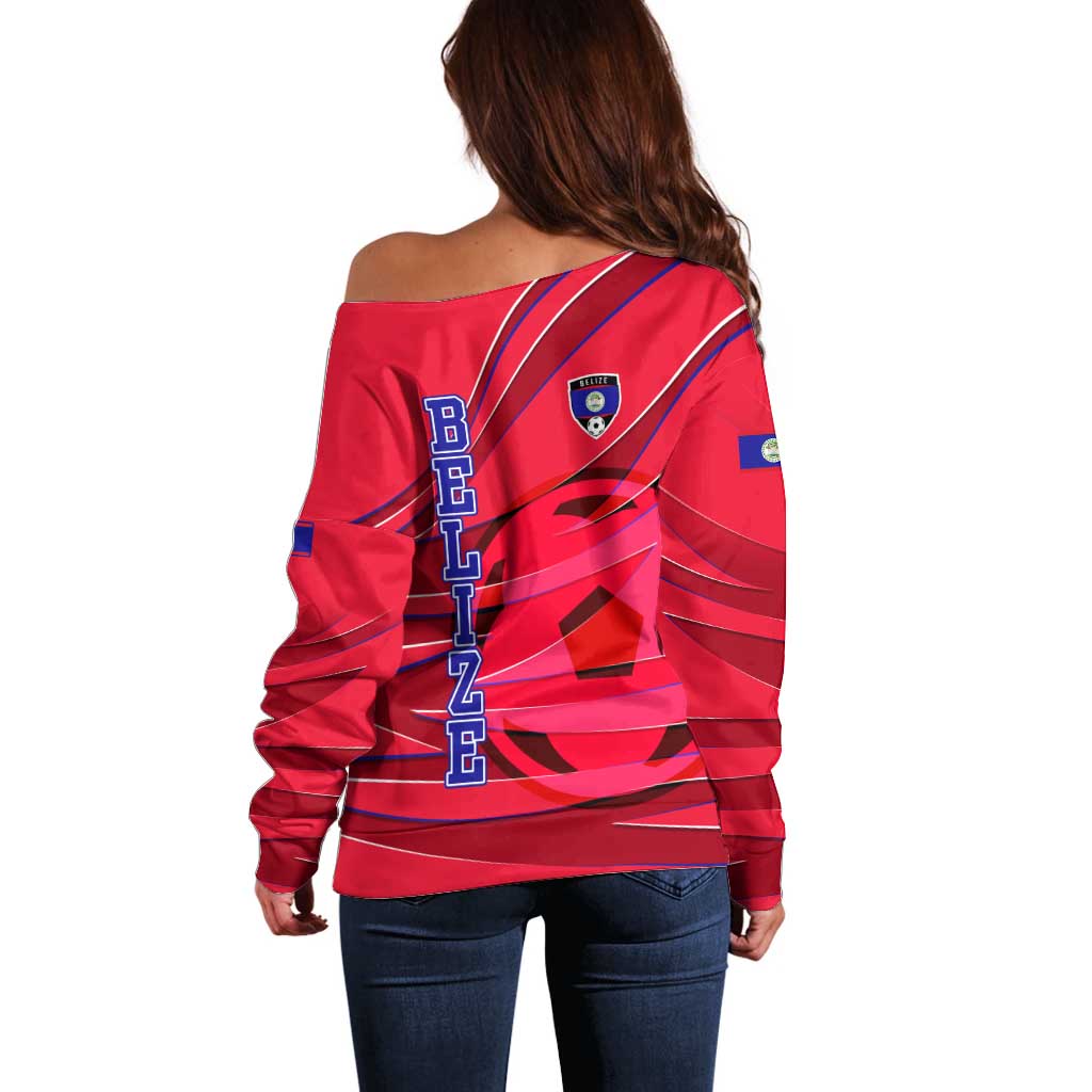 Belize Football Off Shoulder Sweater with Red Abstract Soccer Pattern and Shield Emblem