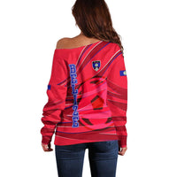 Belize Football Off Shoulder Sweater with Red Abstract Soccer Pattern and Shield Emblem
