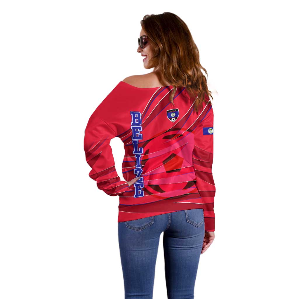 Belize Football Off Shoulder Sweater with Red Abstract Soccer Pattern and Shield Emblem