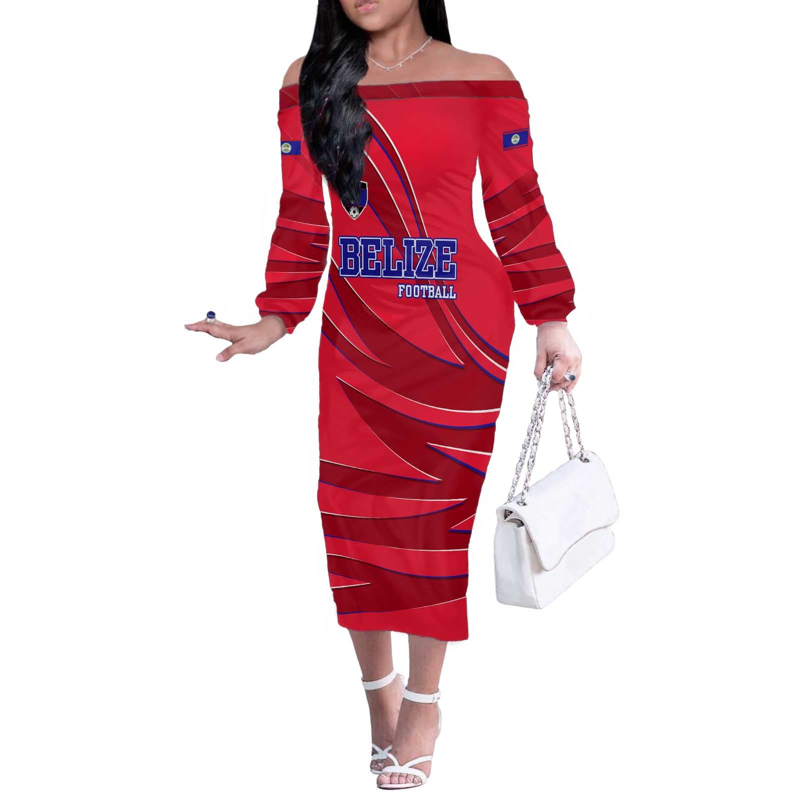 Belize Football Off The Shoulder Long Sleeve Dress with Red Abstract Soccer Pattern and Shield Emblem