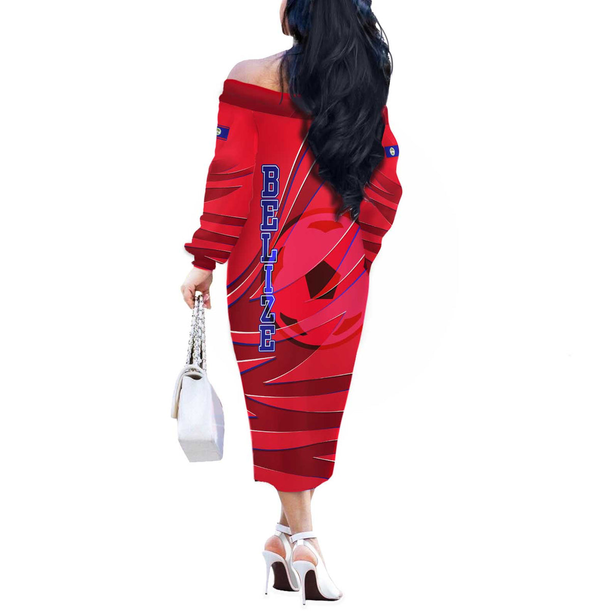 Belize Football Off The Shoulder Long Sleeve Dress with Red Abstract Soccer Pattern and Shield Emblem