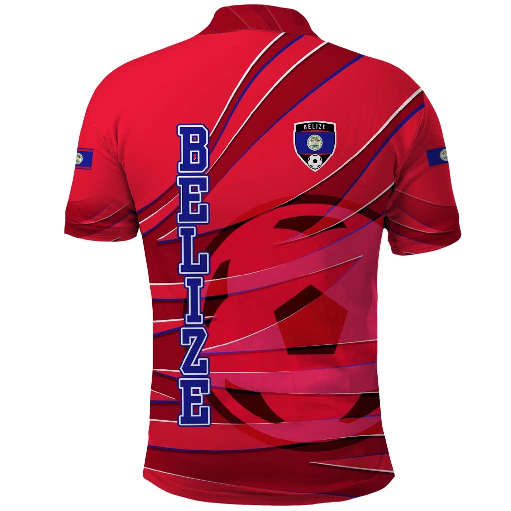 Belize Football Polo Shirt with Red Abstract Soccer Pattern and Shield Emblem